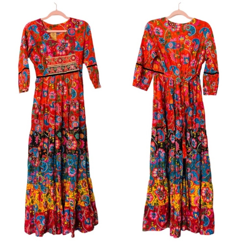Rang Mantra Artisan India Boho Bohemian Hippie Multi Print Colorful Maxi Dress